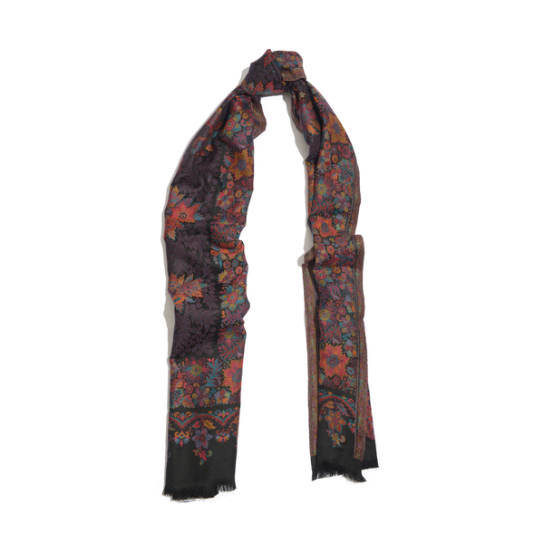 Superfine 100% Merino Wool Multi Colour Flowers Embroidered Black Colour Scarf (Size 200x70 Cm) Weight 280 Gram