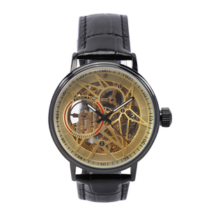 GENOA Automatic Movement Golden Dial 3 ATM Water Resistant Watch with Black Colour Genuine Leather