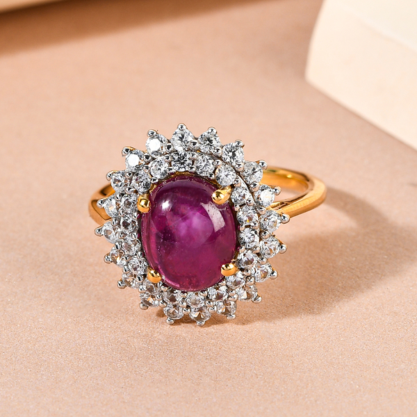 Star Ruby and Natural Cambodian Zircon Cluster Ring in 14K Gold Overlay Sterling Silver 6.17 Ct.