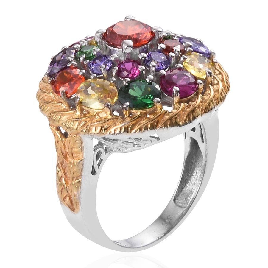 AAA Simulated Fire Opal (Rnd), Simulated Amethyst, Simulated Citrine, Simulated Tanzanite, Simulated Ruby and Simulated Emerald Ring in ION Plated Platinum Bond
