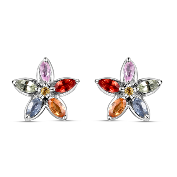 Rainbow Sapphire and Yellow Sapphire Floral Stud Earrings (with Push Back) in Platinum Overlay Sterl