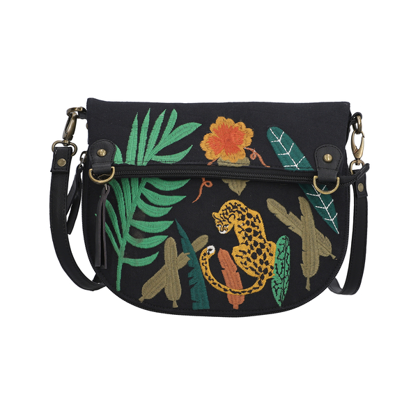 Leather and Canvas Leopard Embroidered Crossbody Bag (Size 27x1.25x11.5cm) with Adjustable Shoulder Strap - Black