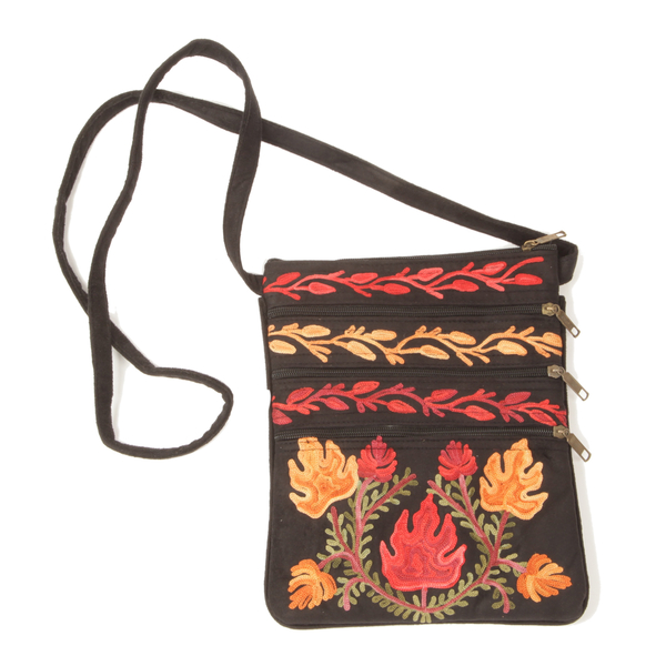 100% Merino Wool Multi Colour Flowers Embroidered Black Colour Bag (Size 26x21 Cm)