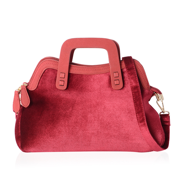 LUXE VELVET Ture Red Tote Handbag with Adjust Shoulder Strap ( 33x12x19 cm )