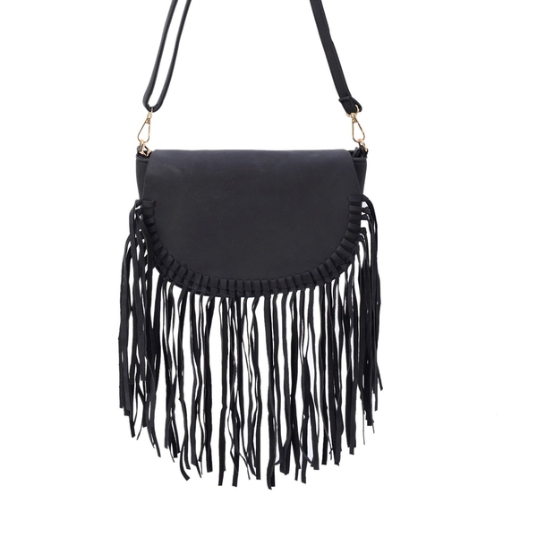Black Colour Crossbody Bag with Fringes and Adjustable and Removable Shoulder Strap (Size 25.5x17.5x