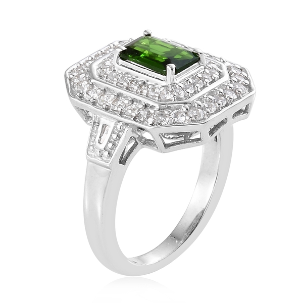 Limited Edition- AAA Chrome Diopside (Extremely Rare Oct 7x5 mm 1 Ct), Natural Cambodian Zircon and Diamond Ring in Platinum Overlay Sterling Silver 1.750 Ct.