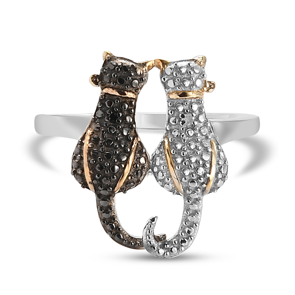 White and Black Diamond Twin Cat Ring in Platinum and Yellow Gold Overlay and Black Plating Sterling