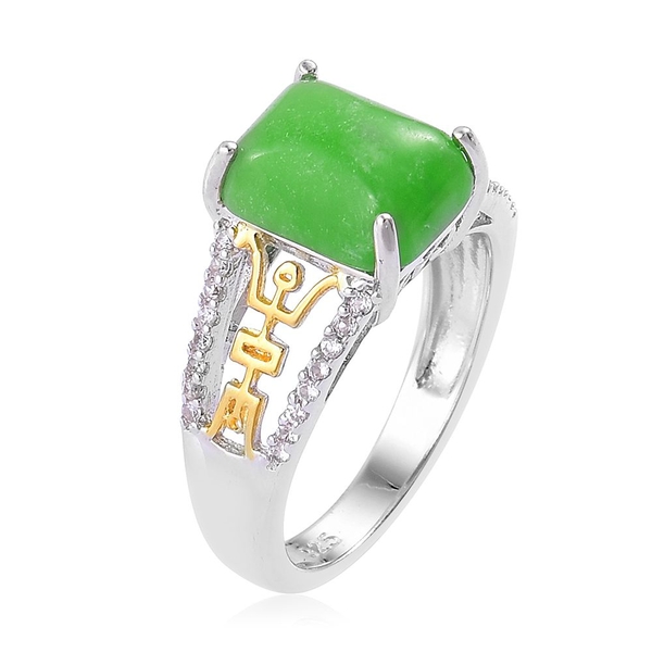 Green Jade (Oct 3.75 Ct), White Zircon Chinese Symbol Longevity Ring in Yellow Gold Overlay and Sterling Silver 4.000 Ct.