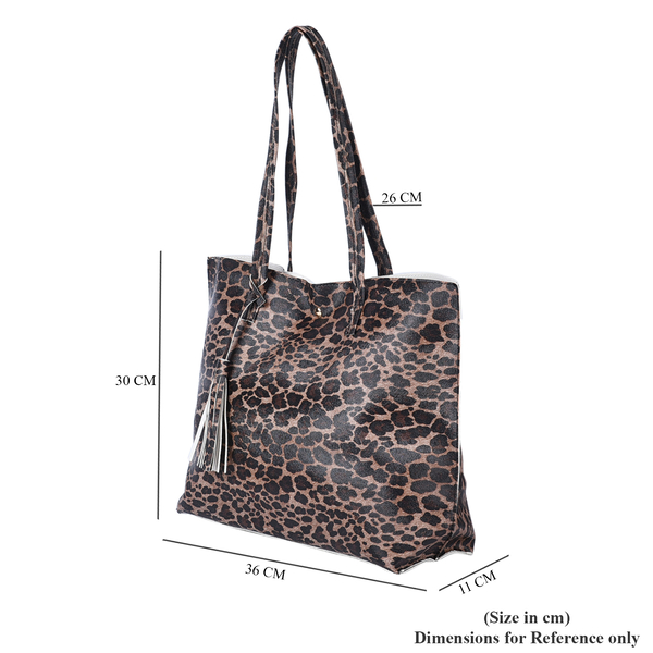 Leopard Pattern Tote Bag with Tasslels and Magnetic Button (Size 36x30x11 Cm) - Brown