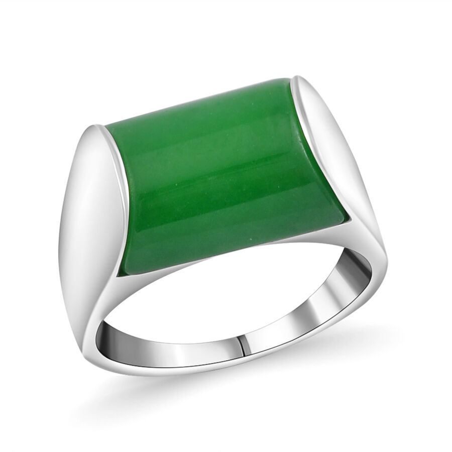 Green Jade Ring in Rhodium Overlay Sterling Silver 12.00 Ct, Silver Wt. 6.50 GM