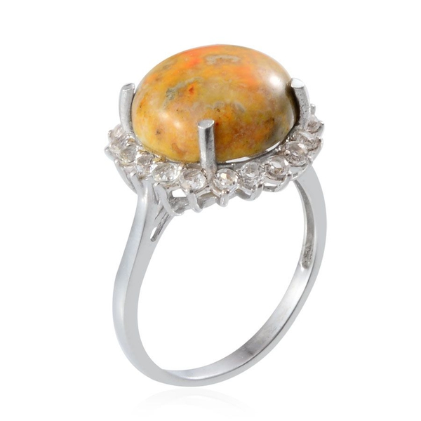 Bumble Bee Jasper (Rnd 8.50 Ct), White Topaz Ring in Platinum Overlay Sterling Silver 9.650 Ct.