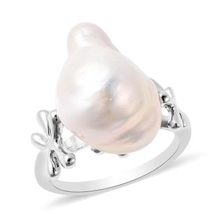 LucyQ - Freshwater White Baroque Pearl Ring in Rhodium Overlay Sterling Silver