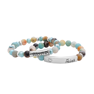 Set of 2 -  Resin,  Multi Color Amazonite, Enamelled Bracelet (size 6.50 stratchable) in Silver tone