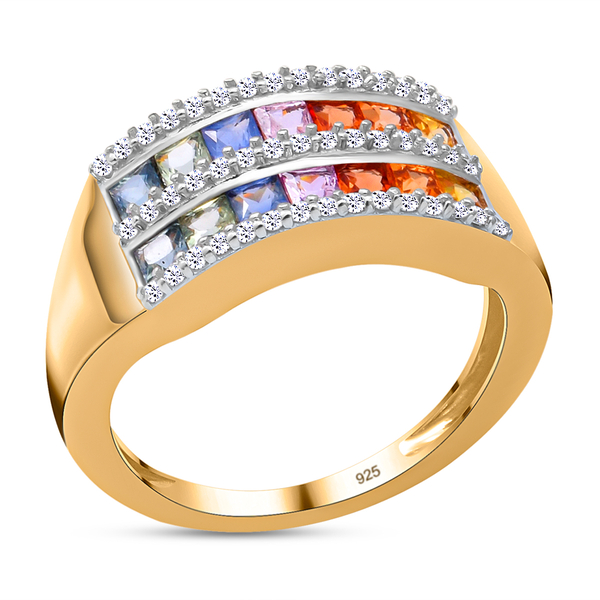 Rainbow Sapphire and Natural Cambodian Zircon Half Eternity Ring in Yellow Gold Overlay Sterling Sil