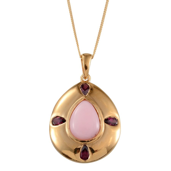 Peruvian Pink Opal (Pear), Rhodolite Garnet Pendant With Chain in Yellow Gold Overlay Sterling Silve