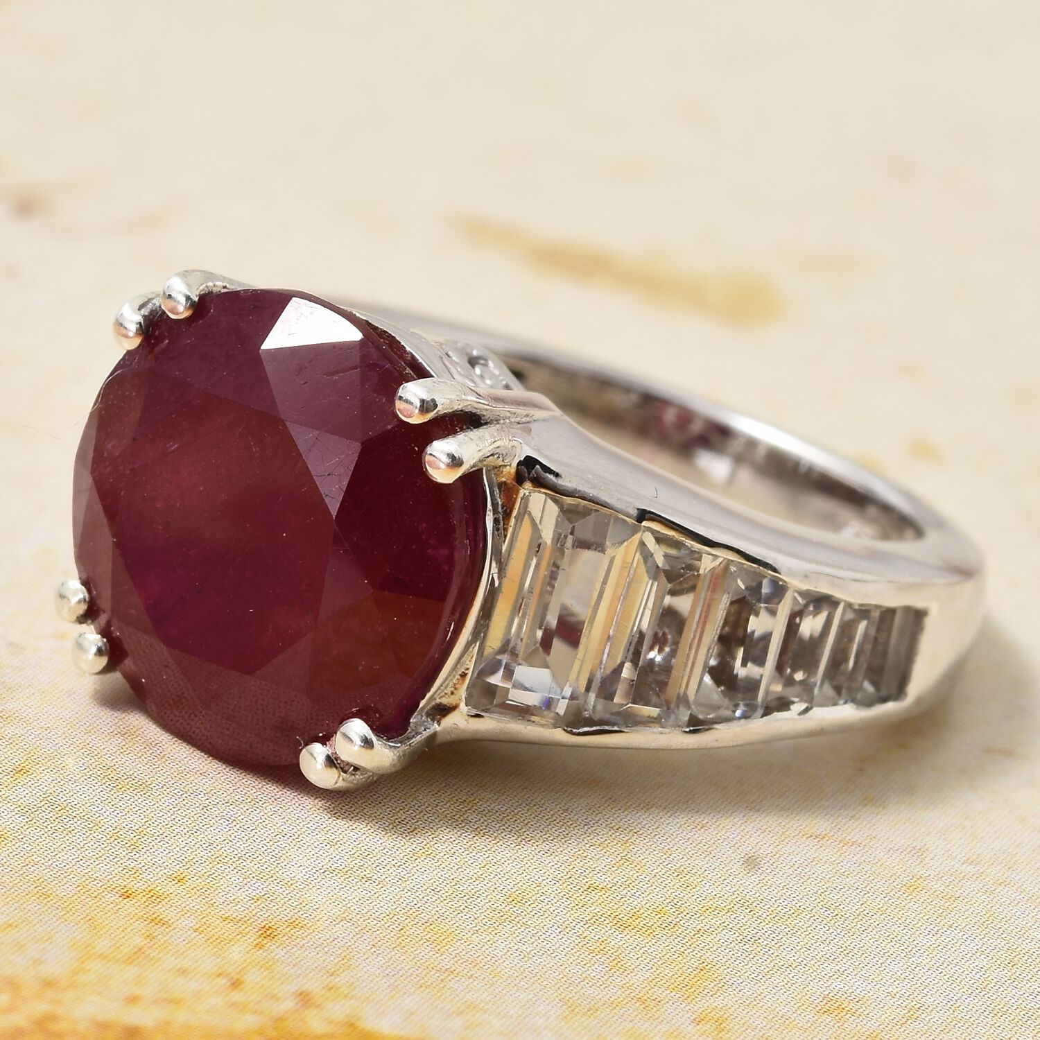 Designer Inspired- African Ruby (Rare Size Rnd 12 mm 9.15 Ctst), White Topaz Ring in Platinum Overlay Sterling Silver 11.500 Ct