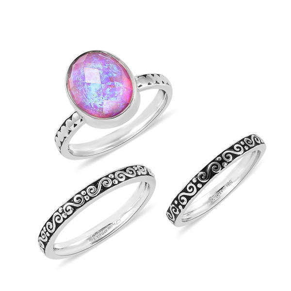 Sajen Silver Cultural Flair Collection - Set of 3 Quartz Doublet Simulated Opal Lavender Ring in Rhodium Overlay Sterling Silver 3.10 Ct, Silver Wt. 6.00 Gms