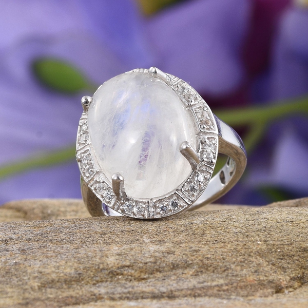 Natural Rainbow Moonstone (Ovl 9.74 Ct), Natural Cambodian Zircon Ring in Platinum Overlay Sterling Silver 9.990 Ct.