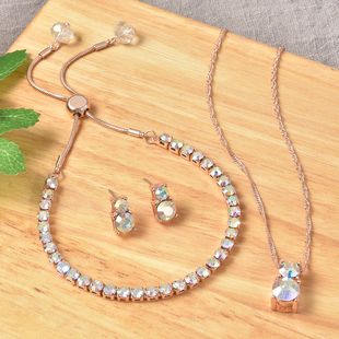 3 Piece Set - White AB Crystal & Simulated White Pearl Pendant with Chain ( 20 with 2 inch Extender), Adjustable Bracelet ( 6.5-9.5) and Stud Earrings (with Push Back) in Rose Gold Tone