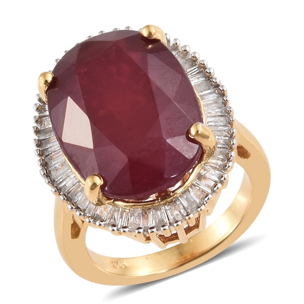 Signature Collection 20.75 Ct African Ruby and Diamond Halo Ring in 14K Gold Plated Silver