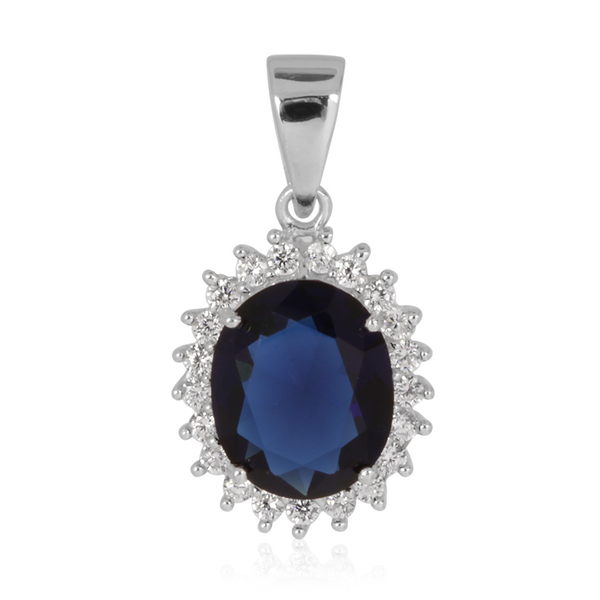ELANZA AAA Simulated Blue Sapphire (Ovl), Simulated Diamond Pendant in Rhodium Plated Sterling Silve