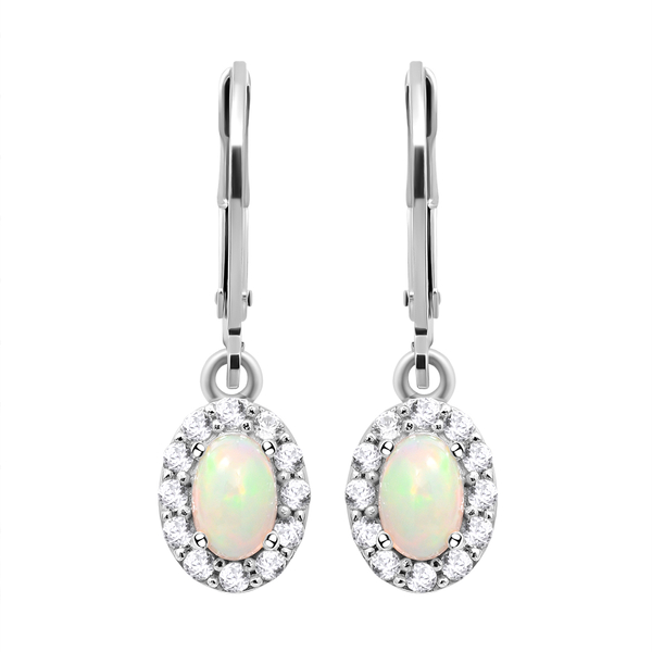 Ethiopian Welo Opal and Natural Cambodian Zircon Dangling Earrings (with Lever Back) in Rhodium Over