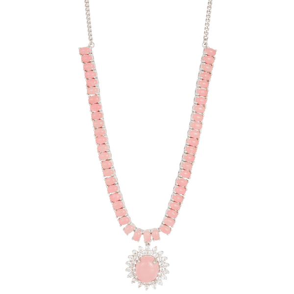 Pink Jade (Ovl 6.25 Ct), White Topaz Necklace (Size 18) in Platinum Overlay Sterling Silver 27.000 C