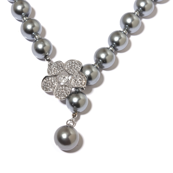 Simulated Grey Pearl and White Austrian Crystal Flower Necklace (Size 22) in Silver Plated