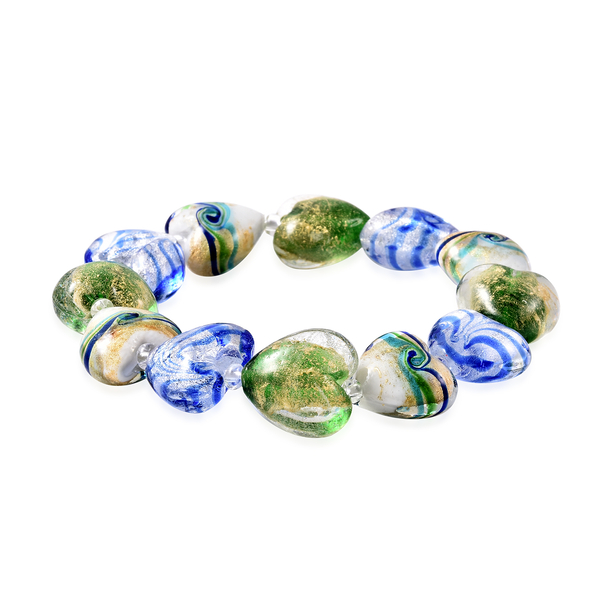 2 Piece Set - Green, Blue Colour Murano Style Glass and Simulated Diamond Stretchable Heart Bracelet and Hook Earrings in Stainless Steel