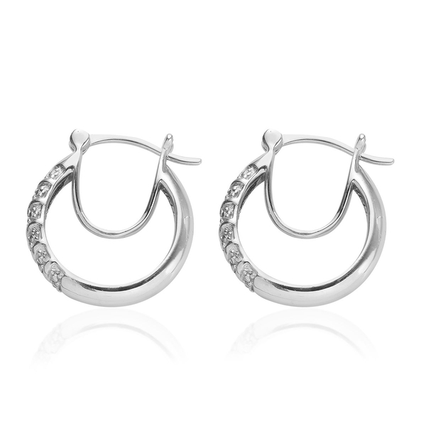 Diamond (Rnd) Hoop Earrings (with Clasp Lock) in Platinum Overlay Sterling Silver, Silver wt 4.03 Gms.