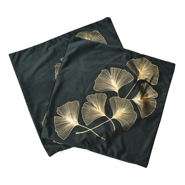 Set of 2 - Ginkgo Leaves Pattern Velvet Cushion Cover (Size 45 Cm) - Green & Gold