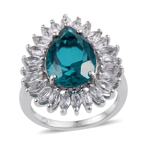 Capri Blue Quartz (Pear 6.00 Ct), White Topaz Ring in Platinum Overlay Sterling Silver 8.400 Ct.