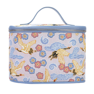 Signare Tapestry  Japanese Crane Pattern Vanity Bag (Size 14X22X15 Cm) - Light Cream