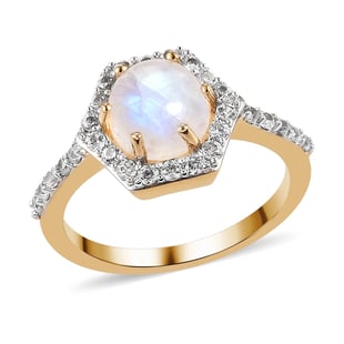 Rainbow Moonstone and Natural Cambodian Zircon Ring in 14K Gold Overlay Sterling Silver 2.17 Ct.