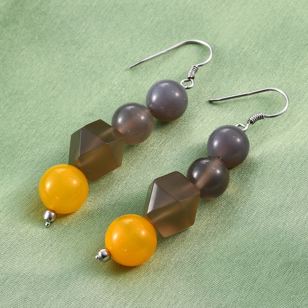 Yellow Agate and Onyx Earrings in Platinum Overlay Sterling Silver 86.00 Ct