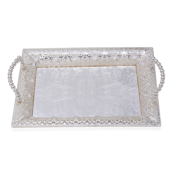 Silver Tone Tray Decorated with Simulated White Diamond and White Austrian Crystal (Size 35x24 Cm)