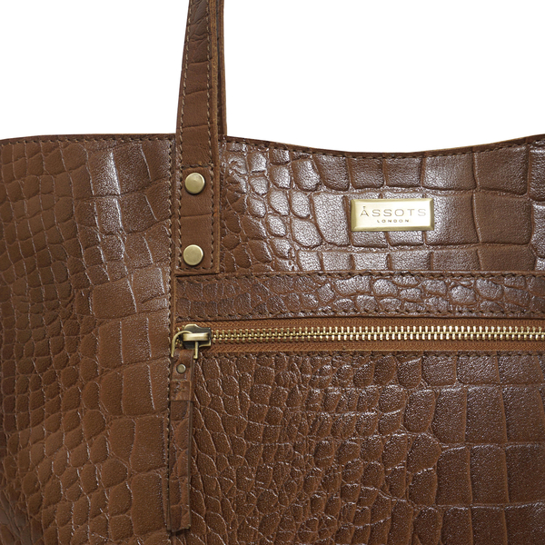 Assots London HELENE - 100% Genuine Croc Leather Handbag (Size 39x26x10cm) - Tan