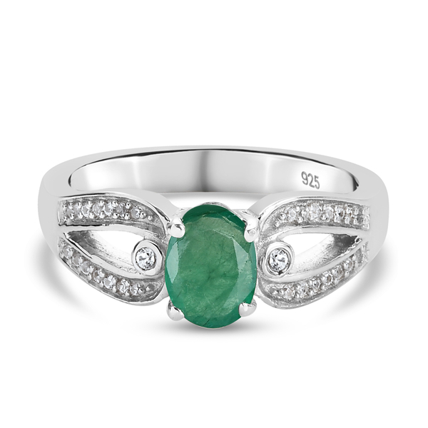 Premium Emerald and Natural Cambodian Zircon Ring in Platinum Overlay Sterling Silver