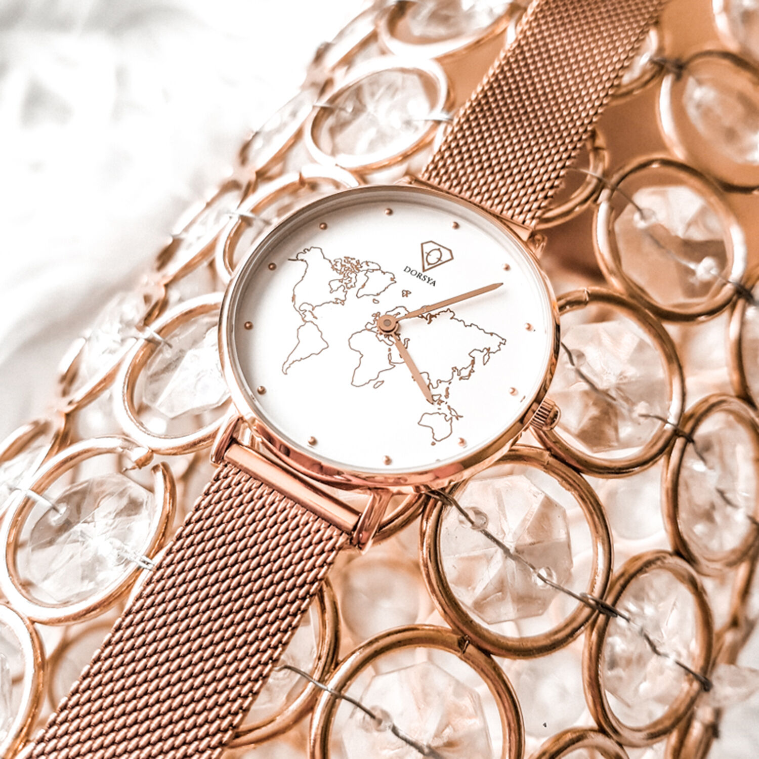 Abeona Carte du Monde Rose Gold Mesh Watch