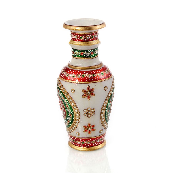 Jewels of India Hand Crafted Crystal Studded and Green Enamelled Marble Vase (Size 6)