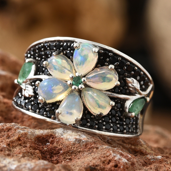 Ethiopian Welo Opal (Pear), Boi Ploi Black Spinel and Kagem Zambian Emerald Floral Ring in Platinum Overlay Sterling Silver 2.750 Ct. Silver wt 7.25 Gms.