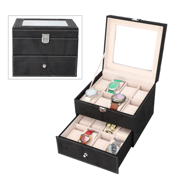 2 Layer Velvet Watch Box with Transparent Window and Lock - Black