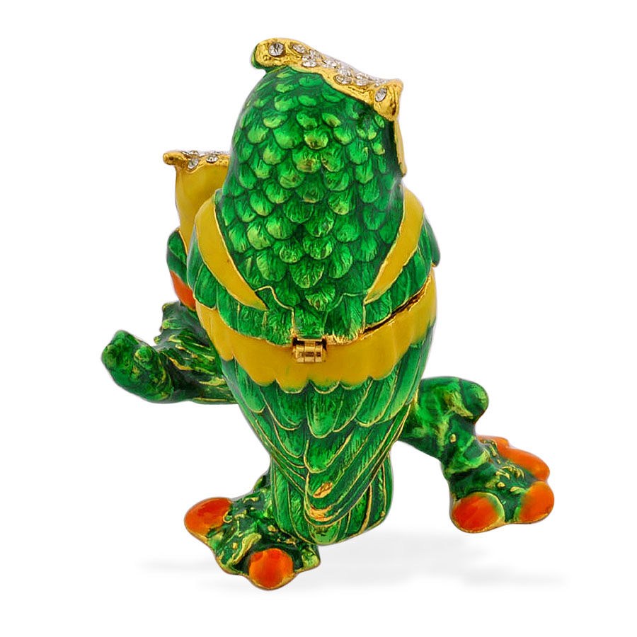 Two Owl Enameled Trinket Box in Gold Tone Decorated with White and Green Austrian Crystal