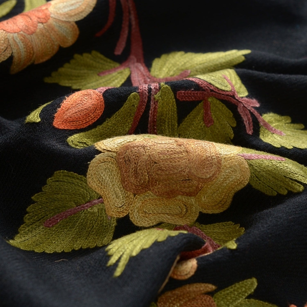 100% Fine Merino Wool Multi Colour Flowers Embroidered Black Colour Shawl (Size 180x70 Cm) with Suede Bag (Size 26x21 Cm)