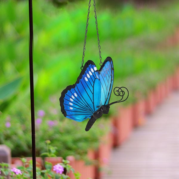 Garden Decorative Butterfly Solar Lamp Pendant with 47cm Long Chain(Size:13x16x24Cm) - Black and Blue