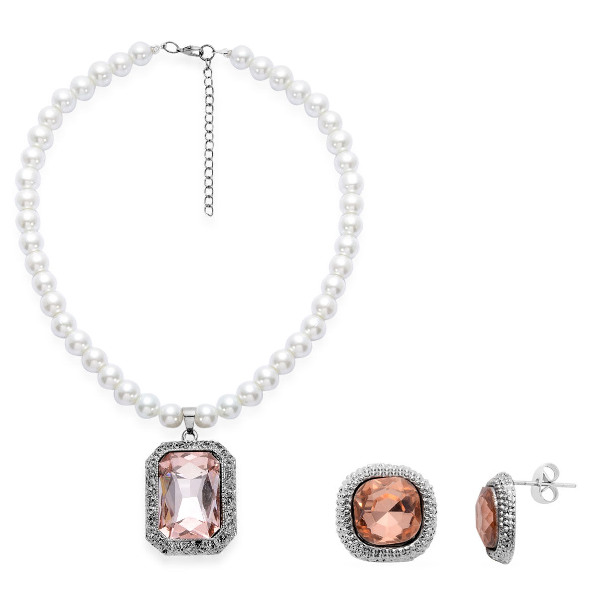 Champagne Glass, White Glass Pearl Necklace (Size 17 with Extension) and Earrings (With Push Back) i