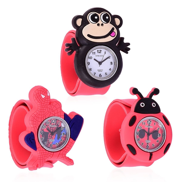 Set of 3 - STRADA Japanese Movement White, Red and Blue Dial Water Resistant Monkey, Beetle and Spid