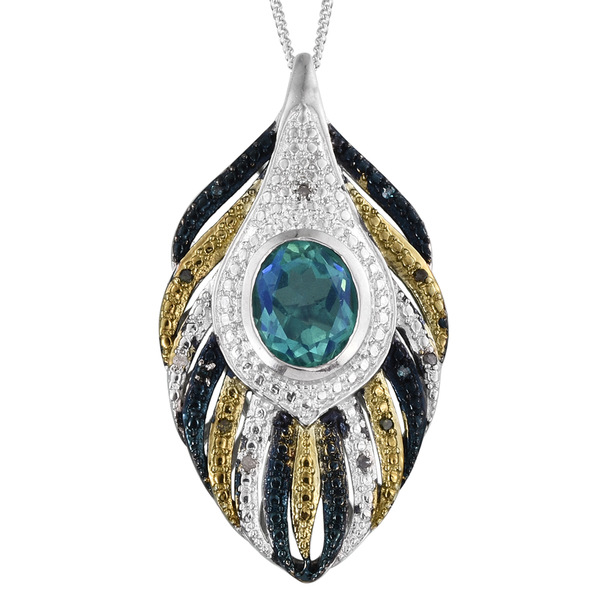 Peacock Quartz (Ovl 3.15 Ct), Green, Blue and White Diamond Feather Pendant With Chain in Platinum O