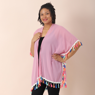 JOVIE Chiffon Kimono in Multicolour Tassel with V Shape Neck (Size 90x70 Cm) - Light Pink and Multi