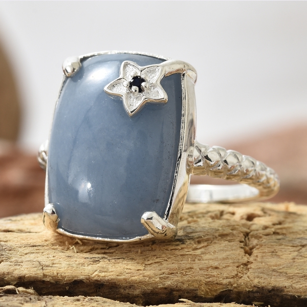 Extremely Rare Mexican Angelite (Cush 18x13mm), Kanchanaburi Blue Sapphire Ring in Sterling Silver 12.500 Ct.